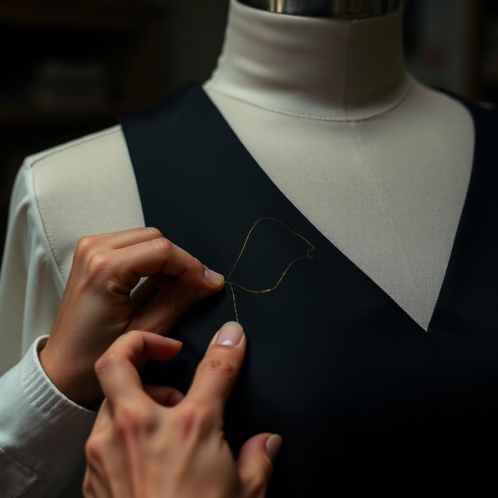 Hands stitching gold thread onto luxury black fabric